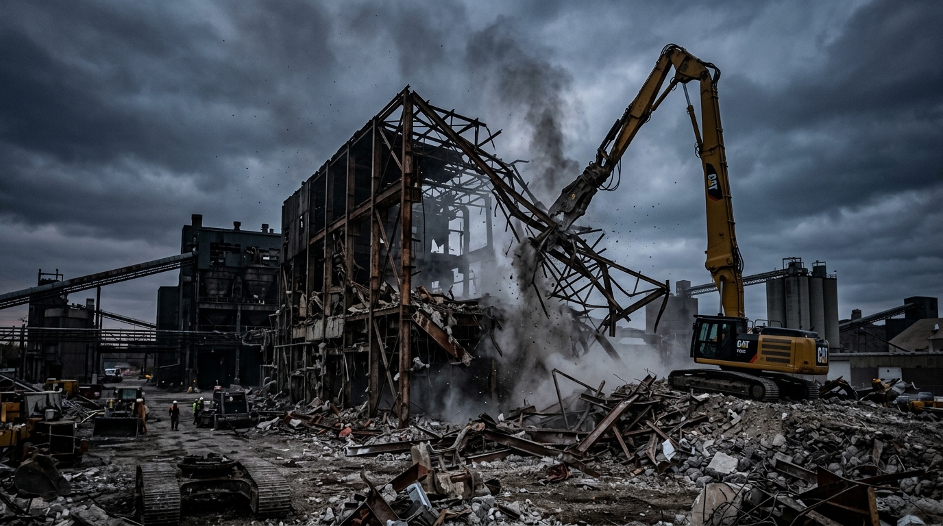Excavator operating on heavy industrial site deconstruction
