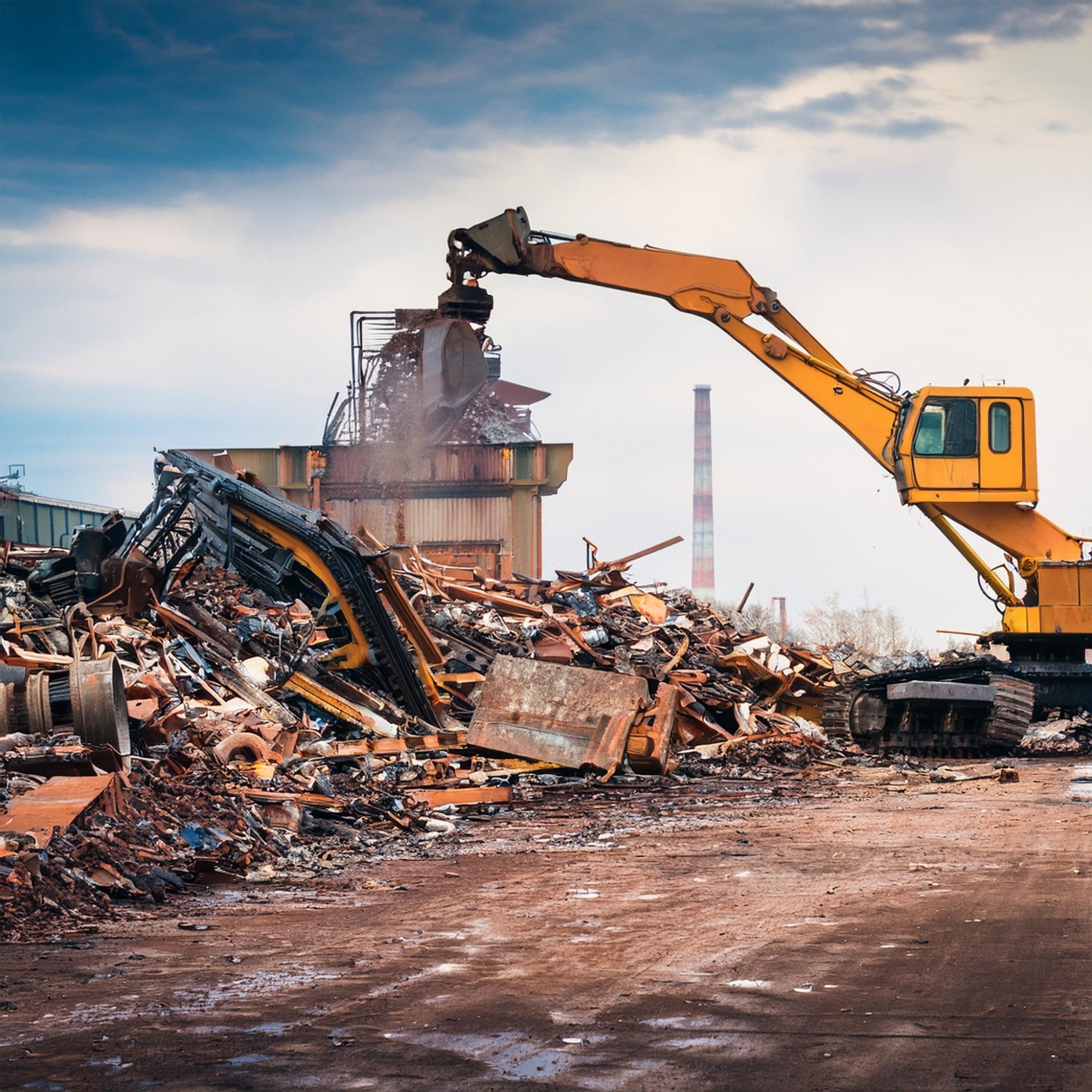 Tracked excavator with hydraulic rock breaker clearing concrete foundations