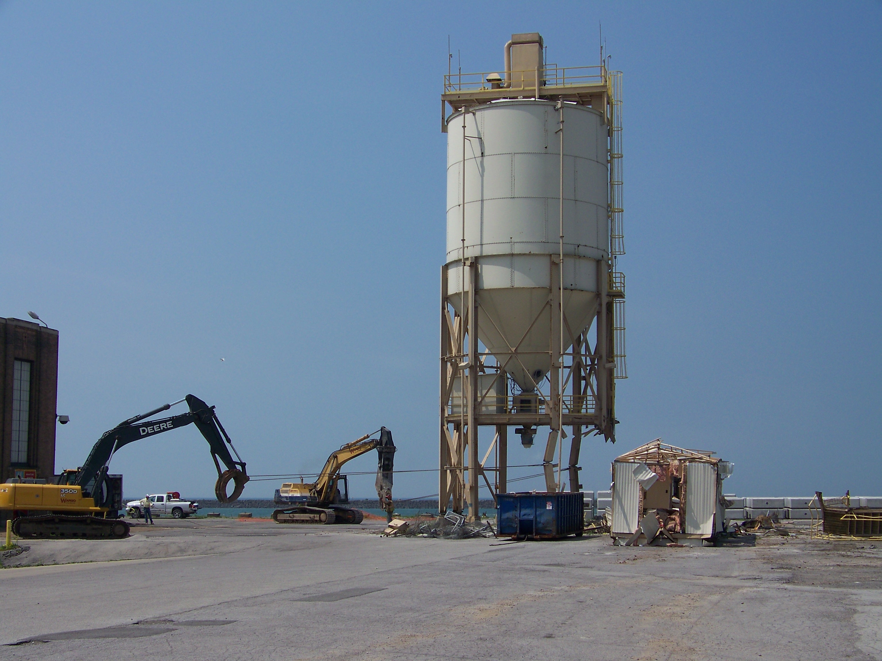 Concrete industrial storage silos deconstruction site