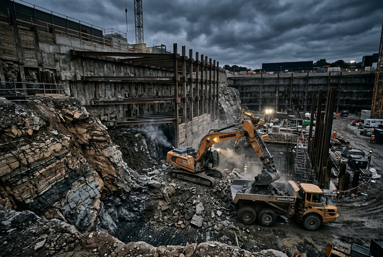 High-power excavator executing precision ground excavation work