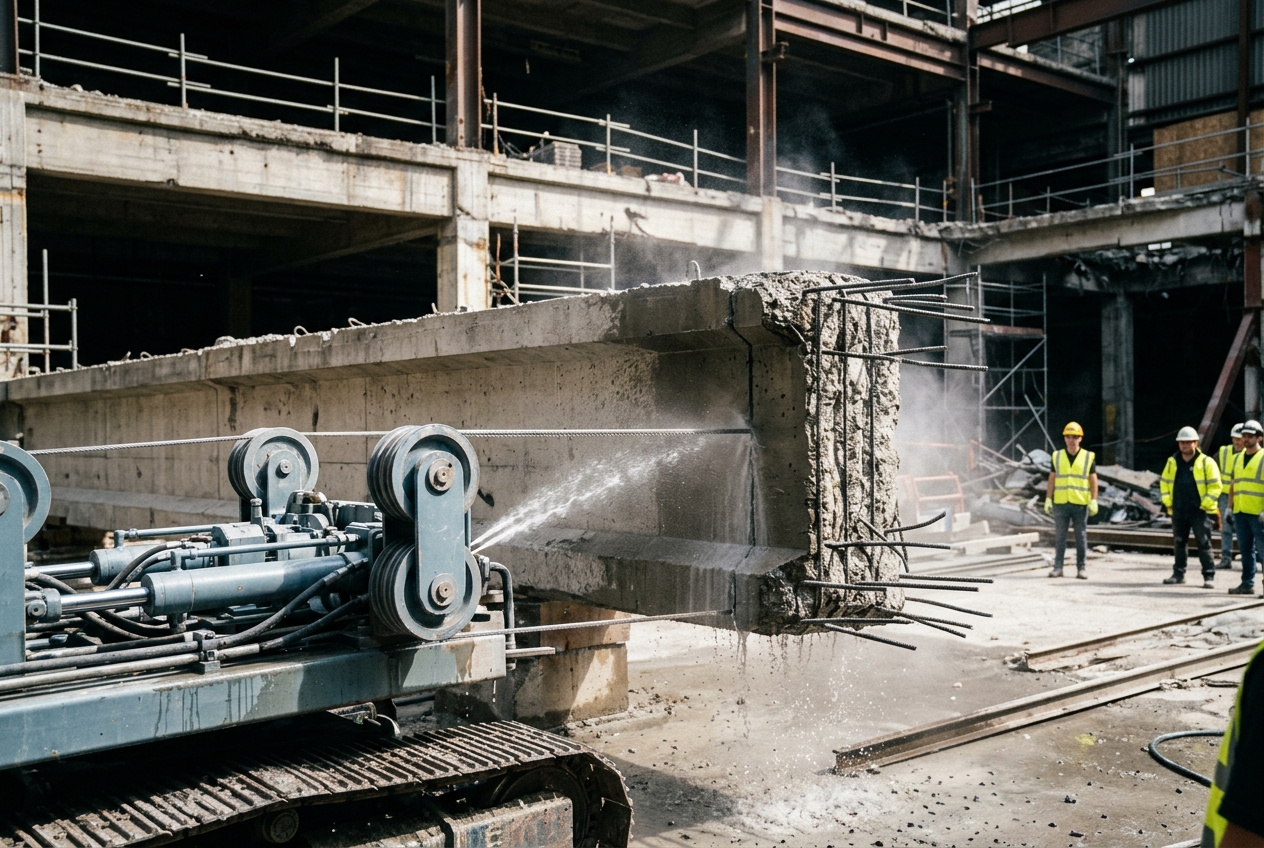 Active structural demolition excavator working around concrete building
